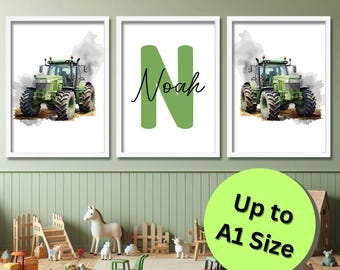 Aangepaste tractorprintset | Muurkunst tractor jongens | Gepersonaliseerde tractoren | Jongensnaamposters | Aangepaste groene tractor voor jongenskamer