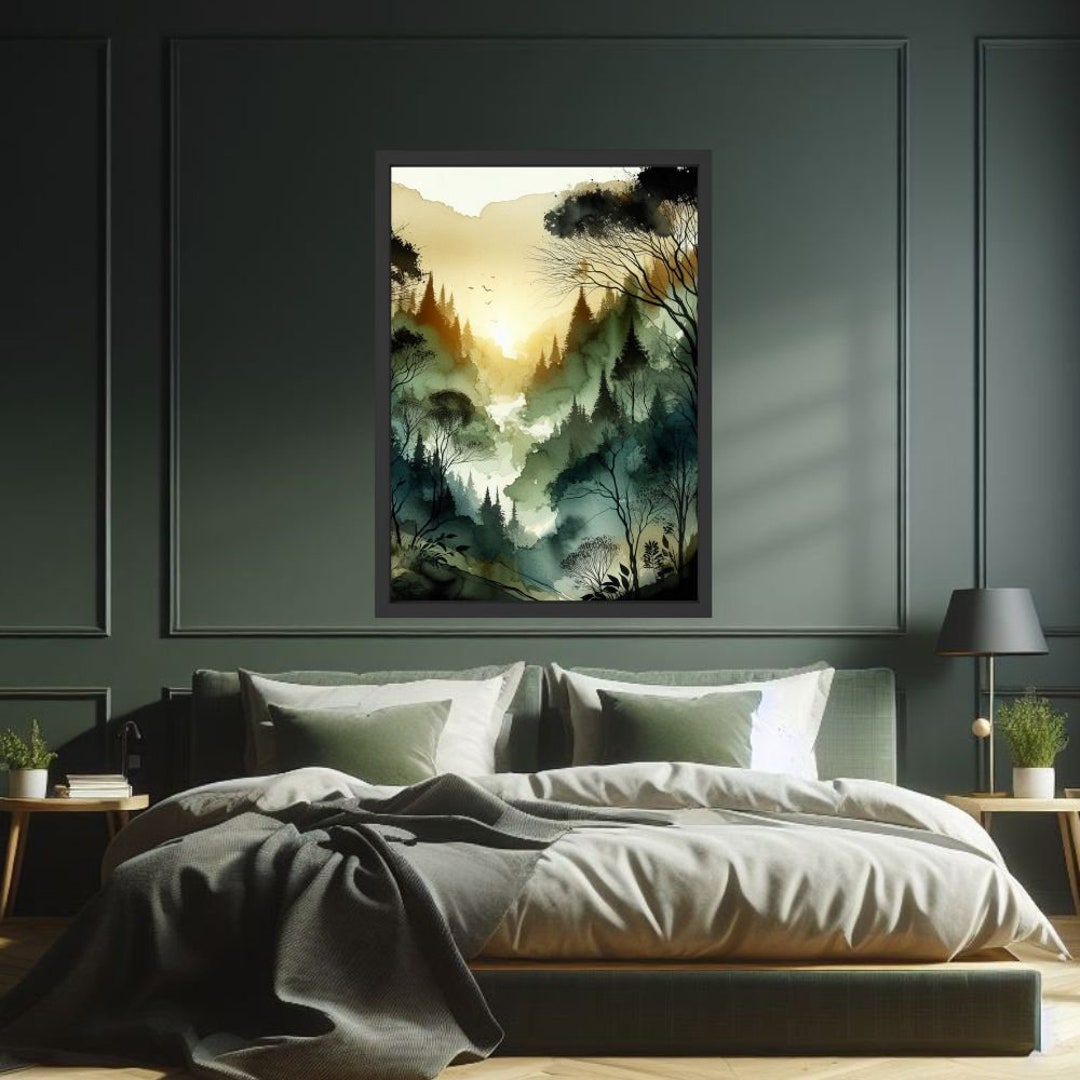 Watercolour Green and Gold Forest Landscape Prints, Nature Inspired