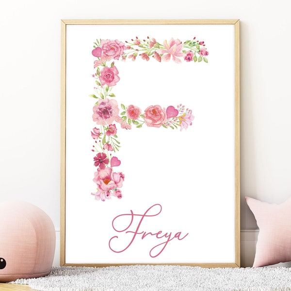 Flowery Art Nursery Print | Personalised Floral Nursery Print | Kids Room Print Girl | Pink Name Print For Nursery | Printable Nursery Decor