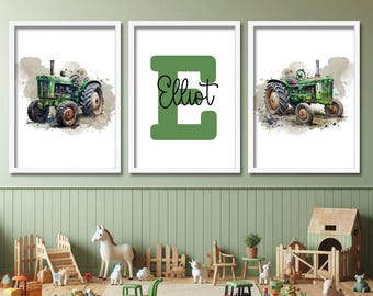 Aangepaste vintage tractorprintset | Muurkunst tractor jongens | Gepersonaliseerde kindertractoren | Jongensnaamposters | Aangepaste vintage groene tractor