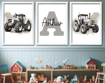 Conjunto de impresiones de tractor gris personalizado / Arte de pared de tractor para niños / Tractores personalizados / Pósteres con nombres de niños / Tractor gris personalizado para habitación de niños