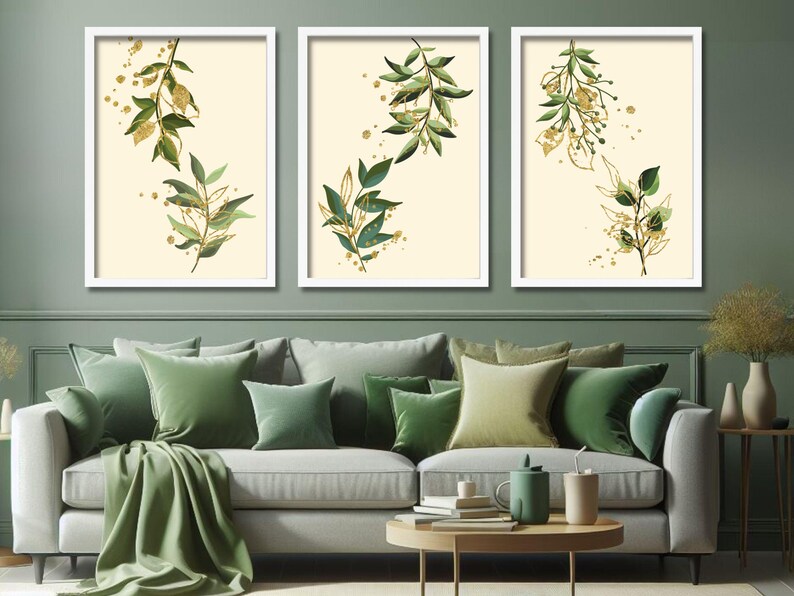 Green Leaves and Gold Art Prints, Botanical Wall Art, Natureinspired