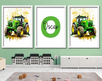 Green and Yellow Paint Splattered Tractor Boys Room Decor, Set of 3 Customisable Wall Art, Green Tractor Prints, Boys Tractor Decor
