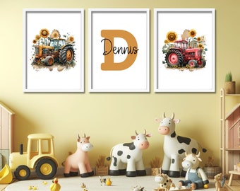 DIGITAL Custom Tractor Print Set | Boys Yellow Tractor Wall Art | Personalised Tractor Posters | Boys Name Prints | Red Tractor Boys Room