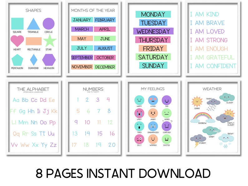 Educational Wall Art Set of 8 Prints for Kids, Learning Posters for
