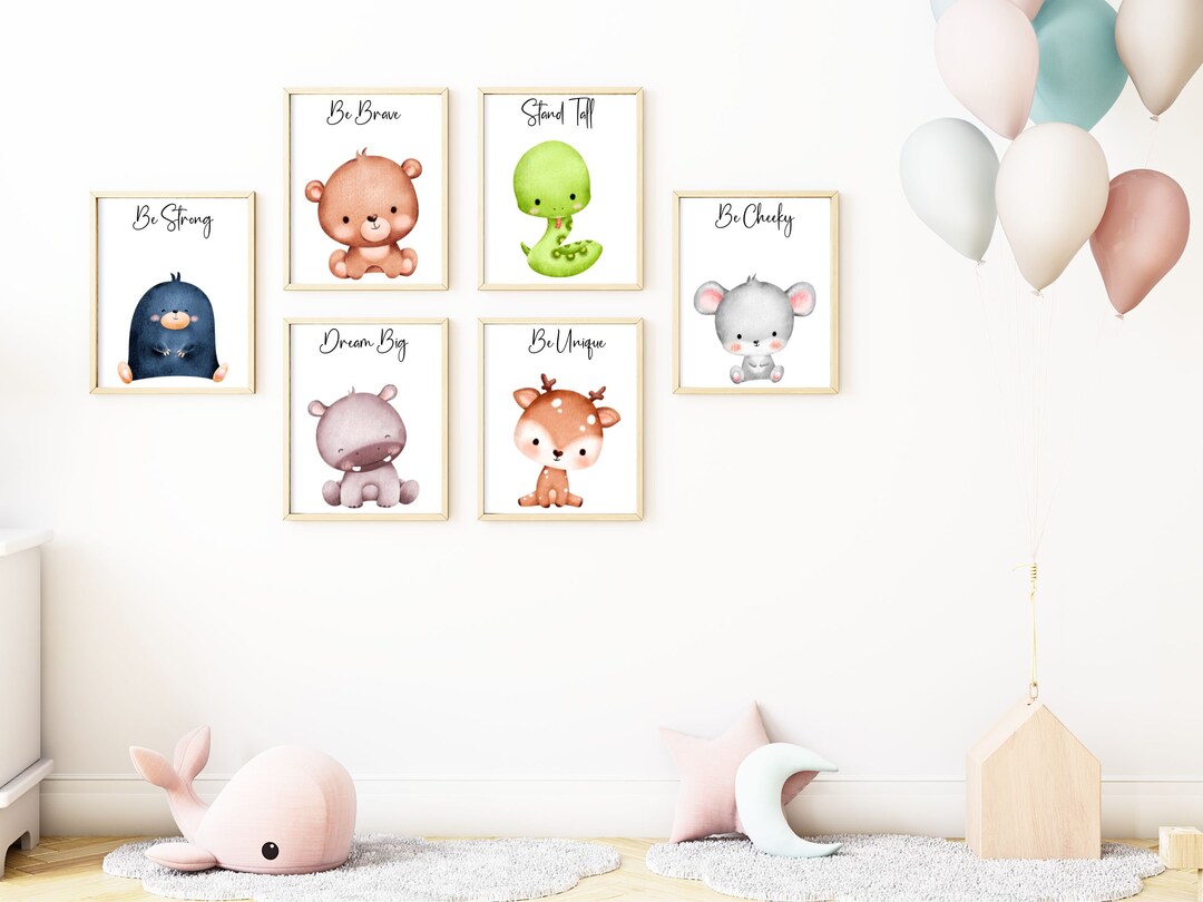 Cute Animal Nursery Prints Set of 6 Baby Animal Wall Art Kids Positive