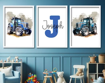 Custom Tractor Print Set | Boys Tractor Wall Art | Personalised Tractors | Boys Name Posters | Custom Blue Tractor For Boys Room