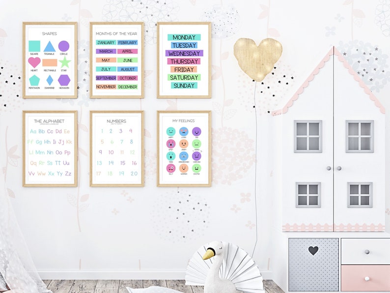 Educational Wall Art Set of 8 Prints for Kids, Learning Posters for