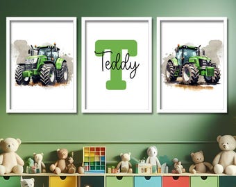 Aangepaste groene tractorprintset | Muurkunst tractor jongens | Gepersonaliseerde tractoren | Jongensnaamposters | Aangepaste voertuigafdrukken voor jongenskamer