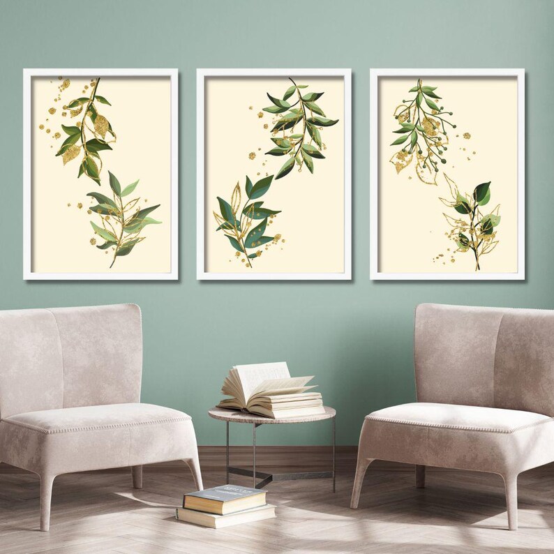 Green Leaves and Gold Art Prints, Botanical Wall Art, Natureinspired