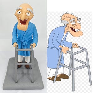 May include: A clay figurine of an elderly character with a bald head, white hair, and a large chin, wearing a blue robe and white pants. The figure is standing behind a gray walker, with a matching two-dimensional illustration shown beside it.