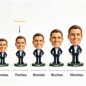 May include: A lineup of seven custom bobblehead figures, each wearing a navy blue suit and white shirt, standing on green circular bases. The figures range in height from 5 inches to 12 inches, with labels indicating each size. One figure is marked Most popular.