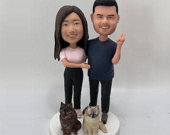 Custom couple bobble head with 2cats, bobblehead couple,bobbleheads wedding cake topper, wedding gifts for parents,Anniversary gifts