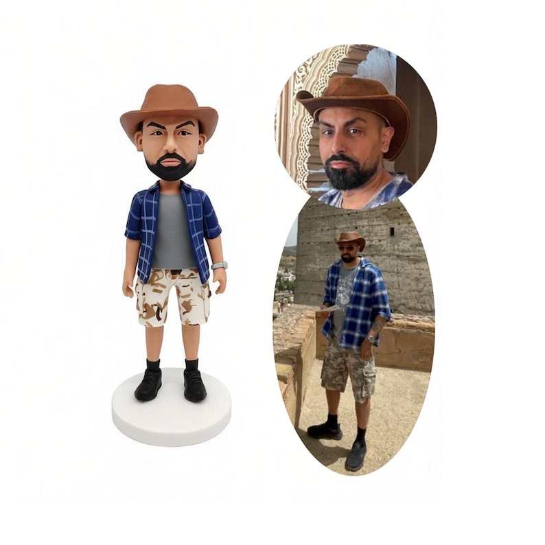 May include: A custom bobblehead figurine depicting a person with a dark beard wearing a brown fedora, a grey t-shirt, a blue plaid button-down shirt, camouflage cargo shorts, and black sneakers, standing on a circular white base.