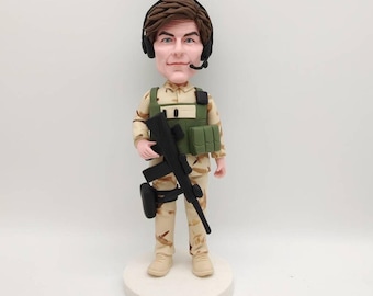 Handmade Military Soldier Bobblehead - Realistic Camouflage Clay Figurine with Rifle,gift for him