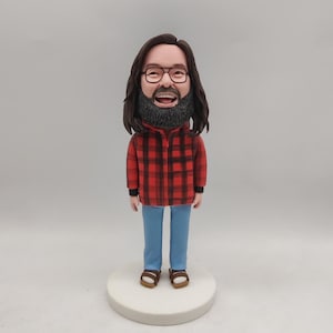 Peut inclure: Figurine d'un homme aux longs cheveux bruns, portant des lunettes et une barbe. Il porte une veste à carreaux rouge et noir, un pantalon bleu et des sandales marron. La figurine est sur une base circulaire blanche.