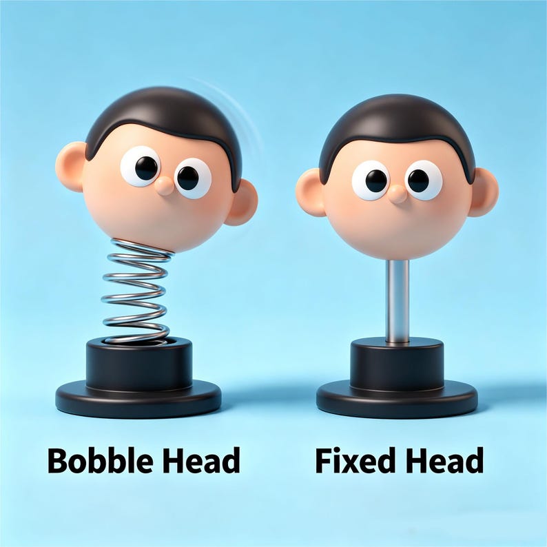 May include: Two cartoon-style figures with black hair and round heads on black circular bases. The left figure is a Bobble Head with a silver metal spring neck. The right figure is a Fixed Head with a straight silver metal rod neck. Text reads Bobble Head and Fixed Head.