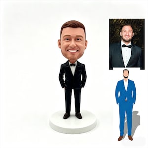 May include: A custom bobblehead figurine featuring a person with brown hair wearing a black tuxedo with a white shirt and black bow tie. The figure stands on a round white base. Beside it is a reference photograph and a blue illustrated template.