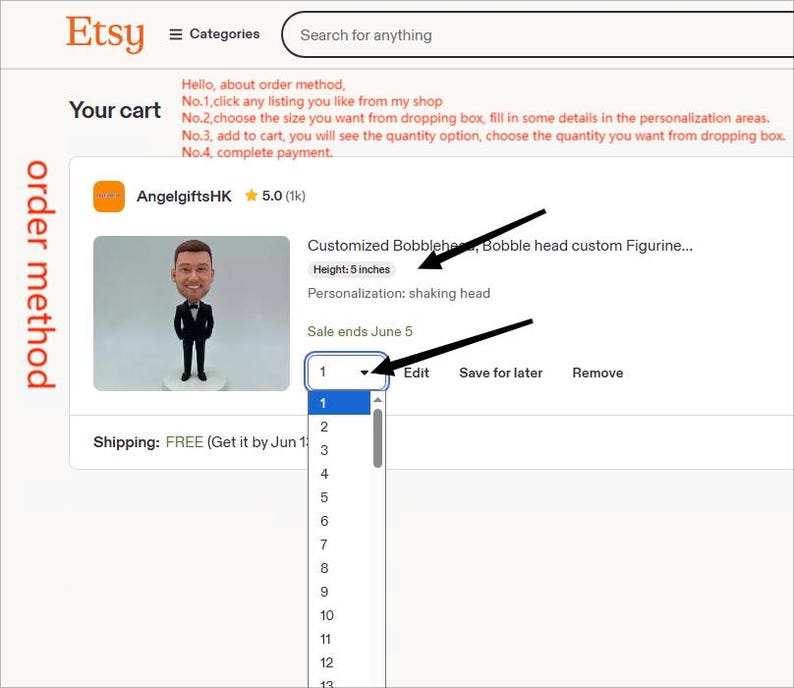 May include: A screenshot of an Etsy cart page displaying a customized bobblehead figurine with a height of 5 inches. The page includes text instructions for the order method, a quantity dropdown menu, and a product image of a person in a suit.