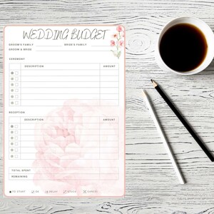 以下が含まれることがあります： 結婚式予算プランナーの印刷用テンプレート。式典とレセプションの費用を管理するセクションがあります。プランナーにはピンクの花柄のデザインが施され、費用を追跡するためのチェックボックスが含まれています。