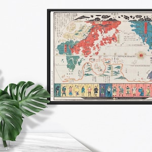 Antique Japanese World Map Digital Print – 19th Century Edo-Period Cartography Wall Art