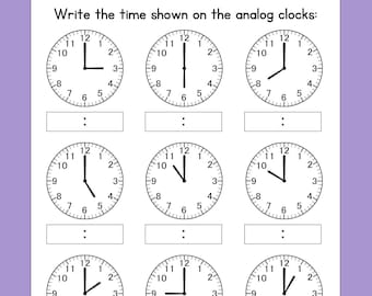 May include: A worksheet with six analog clocks, each with a different time. The worksheet asks "What's the time?" and instructs the user to "Write the time shown on the analog clocks."
