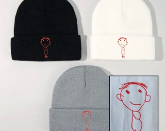 EMBROIDERED Custom Kids Drawing Beanie Personalized Kids Handwriting Unique Special Gift for Moms, Dads, Aunts, Sisters