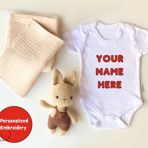 Personalized Handmade Baby Gift Set, Premium Organic Box: Embroidered Onesie, Muslin Blanket, Handmade Plushie -4 PCS- 100% Organic Cotton