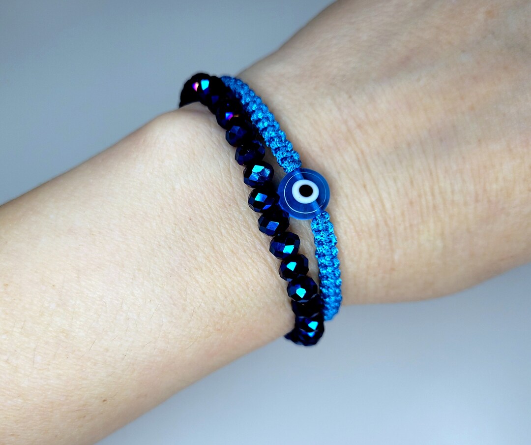 Set of 2 Blue Evil Eye Bracelets With a Wish Card and a Gift Wrap, Evil Eye Charm Blue Crystal