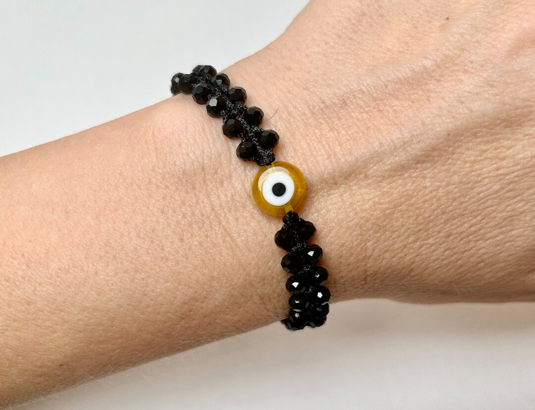 Black Crystal Beads Yellow Evil Eye Bracelet With a Wish Card and Gift
