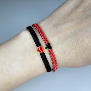 Set of 2 Hearts Bracelets with a wish card and a gift wrap - Black and Red Love Charm Bracelets - Wax Cord Love Partners Bracelets