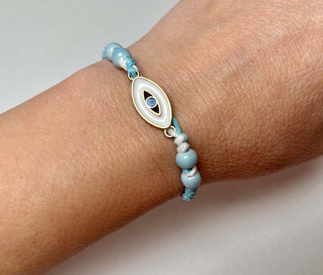 Blue and White Evil Eye Bracelet With Wish Card and Gift Wrap, Evil Eye Charm Bracelet, Good