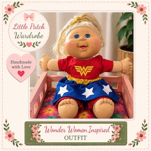 May include: A doll with blonde hair and blue eyes wearing a red shirt with a yellow W logo and a blue skirt featuring white stars. The doll sits in a small pink wooden bed. Text on the image includes Little Patch Wardrobe and Wonder Women Inspired OUTFIT.