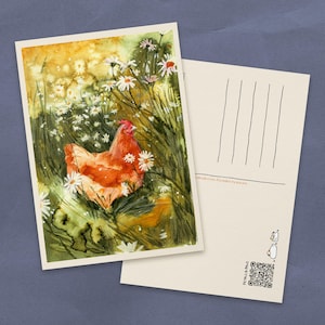 Cartolina acquerello "Gallina in un campo di margherite" / Biglietti in carta riciclata Cottagecore / Piccole stampe artistiche con simpatici animali da fattoria