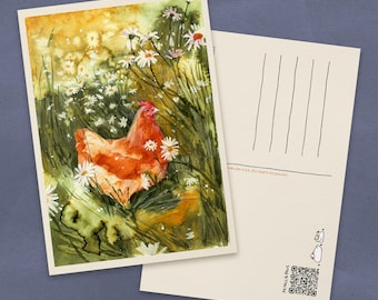 Hen in a Daisy Field Watercolor Postcard | Cottagecore Recycled Paper Cards | Cute Farm Animals Small Art Prints
