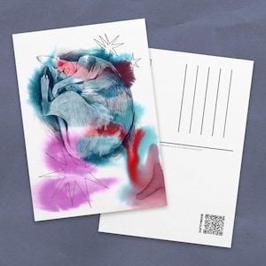 postale d'aquarelle de sphynx endormi | Cadeau pour les amoureux des chats nus | Mini-impressions A6 oniriques et abstraites pour décoration murale