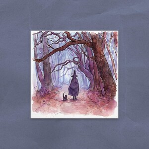 May include: Watercolor illustration of a person in a long coat and hat walking with a black cat on a path through a forest. The trees are bare, with purple and brown tones, and the scene has a mystical atmosphere.
