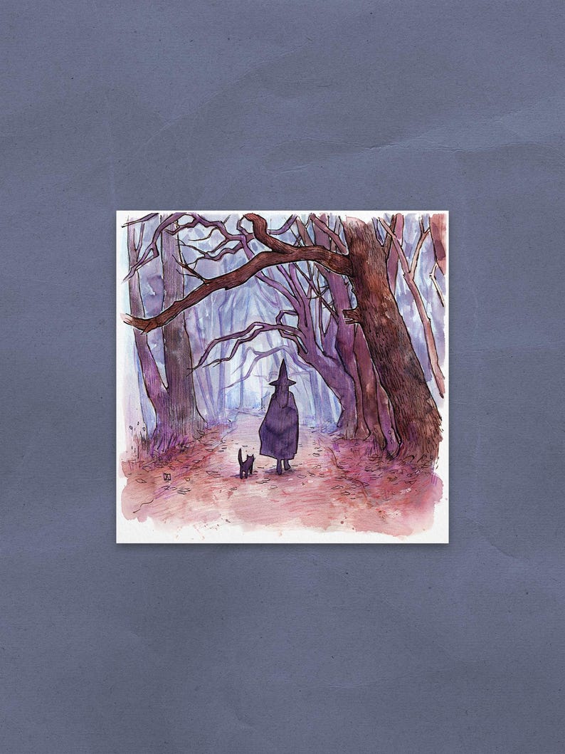 May include: Watercolor illustration of a person in a long coat and hat walking with a black cat on a path through a forest. The trees are bare, with purple and brown tones, and the scene has a mystical atmosphere.