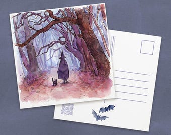 Young Witch with Cat Halloween Watercolor Postcard | Dark Academia Art Print | Spooky Season Witchy Decor | Moody Wall Deko