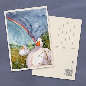 Cartolina acquerello "Anatre sotto l'arcobaleno" / Biglietti in carta riciclata Cottagecore / Piccole stampe artistiche con simpatici animali da fattoria
