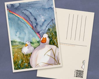 Ducks Under Rainbow Watercolor Postcard | Cottagecore Recycled Paper Cards | Cute Farm Animals Small Art Prints