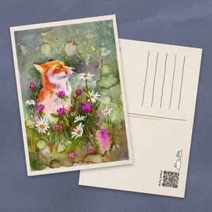 Fox in Meadow Watercolor Postcard | Cottagecore Recycled Paper Cards | Cute Farm Animals Small Art Prints
