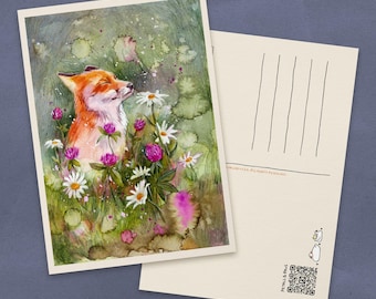 Fox in Meadow Watercolor Postcard | Cottagecore Recycled Paper Cards | Cute Farm Animals Small Art Prints