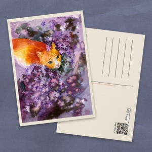 Postal de acuarela de gato naranja en un jardín de geranios / Tarjetas de papel reciclado estilo cottagecore / Láminas artísticas pequeñas de animales de granja
