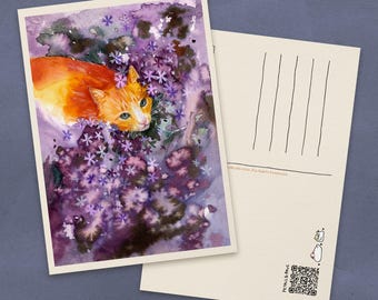 Orange Cat in Geranium Garden Watercolor Postcard | Cottagecore Recycled Paper Cards | Farm Animals Small Art Prints