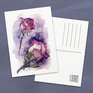 postale à l'aquarelle « Roses sèches » | Mini impression d'art florale A6 pour décoration murale | Papeterie botanique faite main | Carte Signification profonde