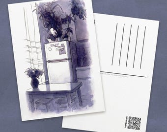 Postal de acuarela de cocina / Regalo de papelería hecho a mano / Impresión artística A6 con estética melancólica para decoración de pared de apartamento