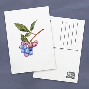 postale d'aquarelle de bleuets | Cartes illustrées sur les petits fruits d'été pour la papeterie | Impressions artistiques de fruits juteux pour décoration murale
