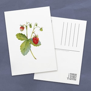 postale d'aquarelle de fraises | Cartes illustrées sur les petits fruits d'été pour la papeterie | Impressions artistiques de fruits juteux pour décoration murale