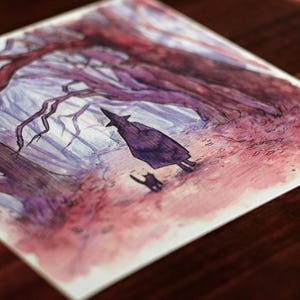 May include: Watercolor illustration of a figure in a cloak and hat walking with a black cat through a forest. The artwork features a color palette of purple, red, and white, with detailed tree branches and a path.